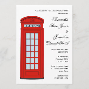British Red Telephone Box Wedding Rehearsal Dinner Kaart