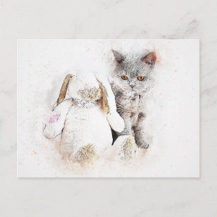 British Shorthair & Bunny   ABSTRACT   WATERVERF Briefkaart