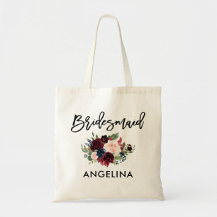 Brits Manuscript Burgundy Blue Floral Bridesmaid Tote Bag