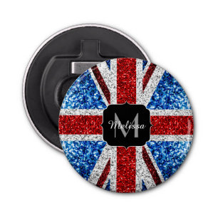 Brits vlaggen rode blauwe witte sparken gliters Mo Button Flesopener