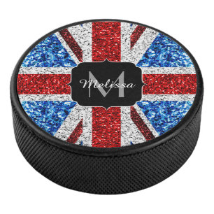 Brits vlaggen rode blauwe witte sparken gliters Mo Hockey Puck