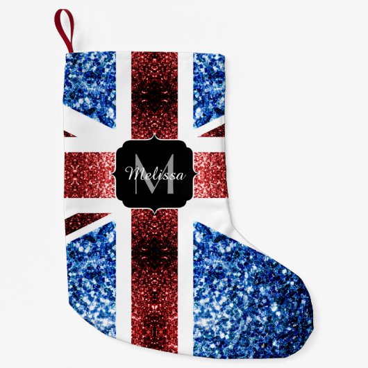 Brits vlaggen rode en blauwe sparkles glitters kleine kerstsok (Voorkant)