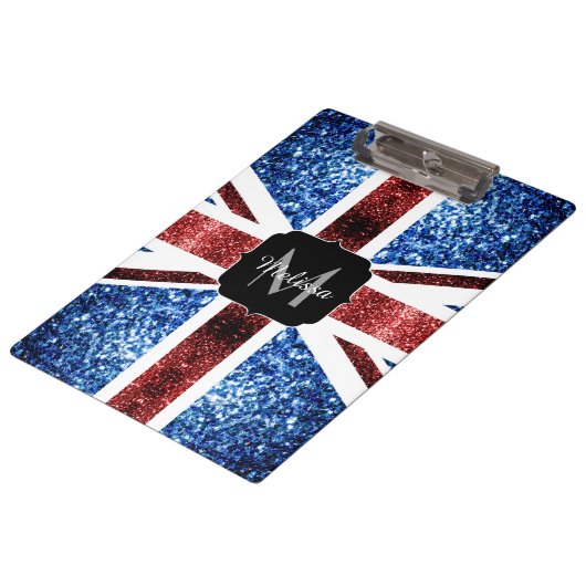 Brits vlaggen rode en blauwe sparkles glitters klembord (Gekanteld)