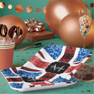 Brits vlaggen rode en blauwe sparkles glitters papieren bordje