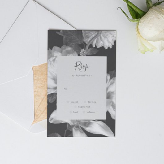 Brits zwart-witte Floral Wedding RSVP Kaartje