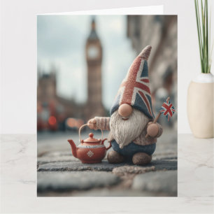 Britse gnoom met Union Jack Pet en theepot Kaart