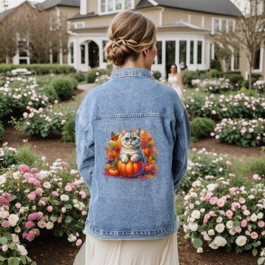Britse Korthaar kat met pompoen Denim Jacket (Huwelijk Achterkant)