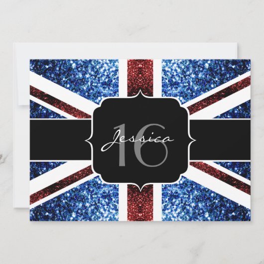 Britse vlag rode blauwe sparkles glitter Sweet 16 Kaart (Voorkant)