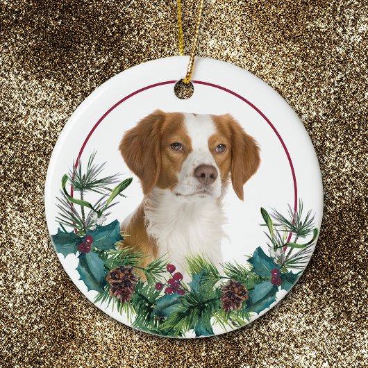 Brittany Dog Evergreen Wreath Keramisch Ornament