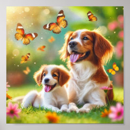 Brittany hond moeder en haar puppy poster