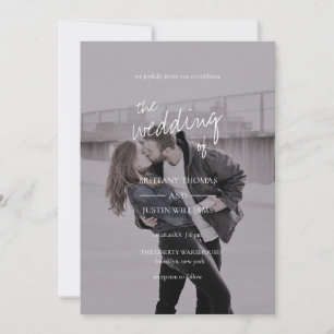 Brittany Modern Elegant White Script Photo Wedding Kaart
