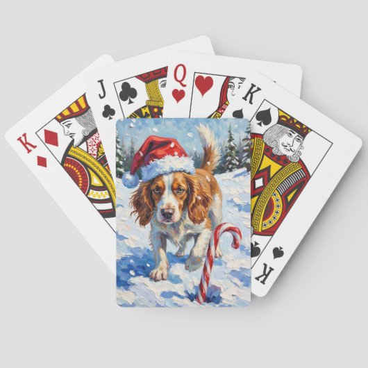 Brittany Spaniel Dog Pointing at Christmas Candy Pokerkaarten (Achterkant)