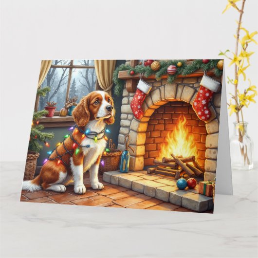 Brittany Spaniel Fireplace with Christmas Lights Kaart (Gele Bloem)