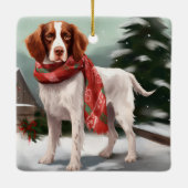 Brittany Spaniel hond in de sneeuw Kerstmis Keramisch Ornament (Achterkant)
