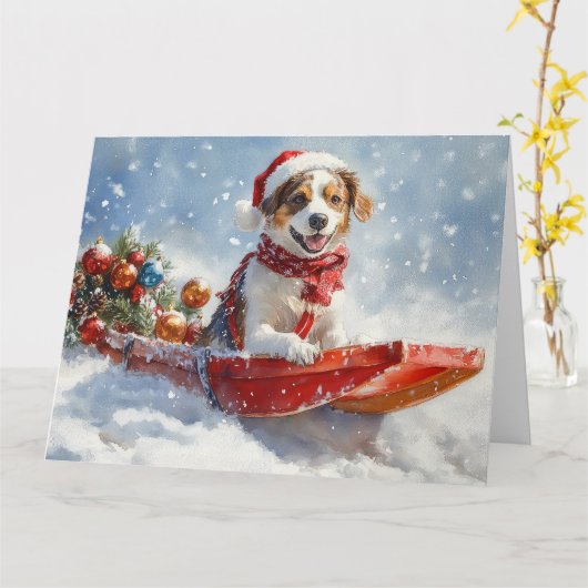 Brittany Spaniel Hond in Sledge Kerstmis Kaart (Gele Bloem)
