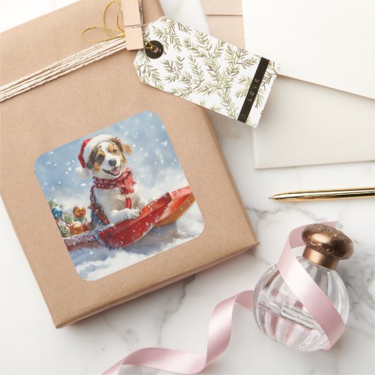 Brittany Spaniel Hond in Sledge Kerstmis Vierkante Sticker (Geschenken)