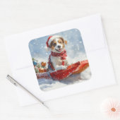 Brittany Spaniel Hond in Sledge Kerstmis Vierkante Sticker (Envelop)