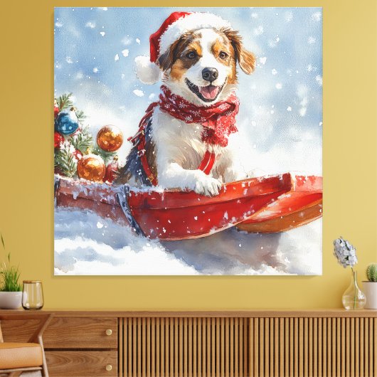 Brittany Spaniel hond in slee Kerstmis Canvas Afdruk (Insitu (Woonkamer))