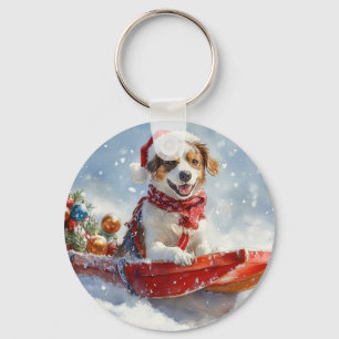 Brittany Spaniel-hond in slee Kerstmis Sleutelhanger