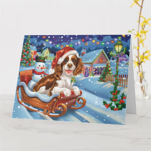 Brittany Spaniel-hond in slee met sneeuw Kerstmis Kaart