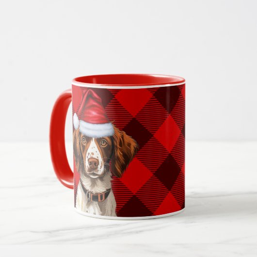Brittany Spaniel Hond Red Buffalo Plaid Kerstmis Mok (Voorkant links)