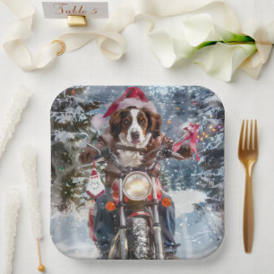 Brittany Spaniel Hond Rijdt op Motorfiets Kerstmis Papieren Bordje