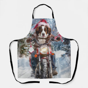 Brittany Spaniel hond rijdt op motorfiets met Kers Schort