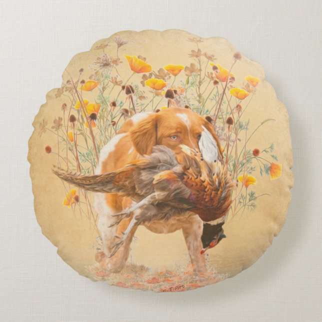 Brittany Spaniel, Hunting Pheasant Coffee Mok T-Sh Rond Kussen (Voorkant)