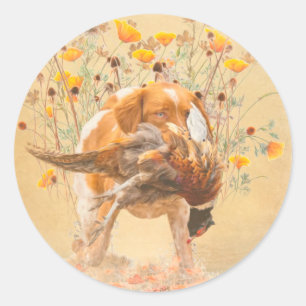 Brittany Spaniel, Hunting Pheasant Coffee Mok T-Sh Ronde Sticker