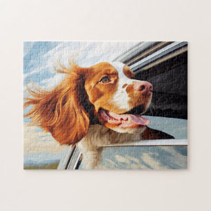 Brittany spaniel in autoruit legpuzzel
