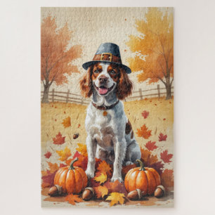 Brittany Spaniel in Herfstbladeren Thanksgiving Ku Legpuzzel