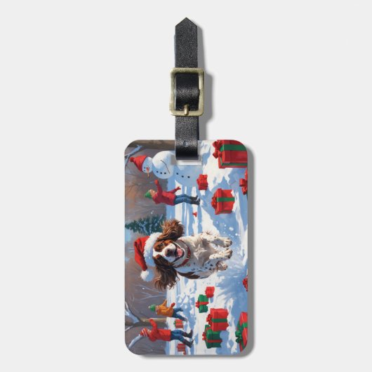 Brittany Spaniel Kerstfeest Sneeuwscène Bagagelabel (Voorkant verticaal)