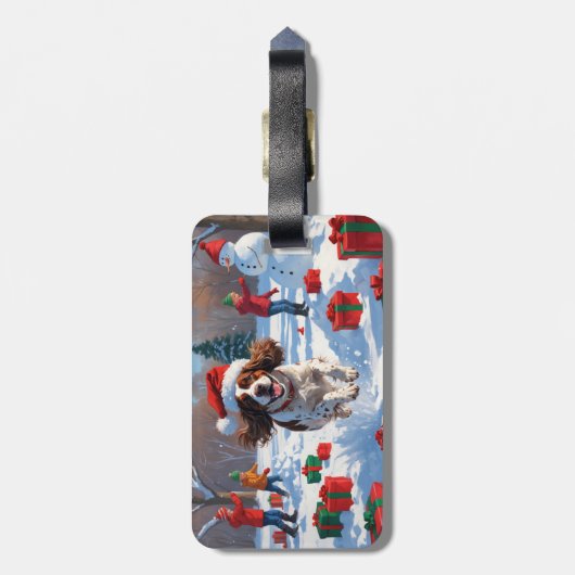 Brittany Spaniel Kerstfeest Sneeuwscène Bagagelabel (Achterkant verticaal)