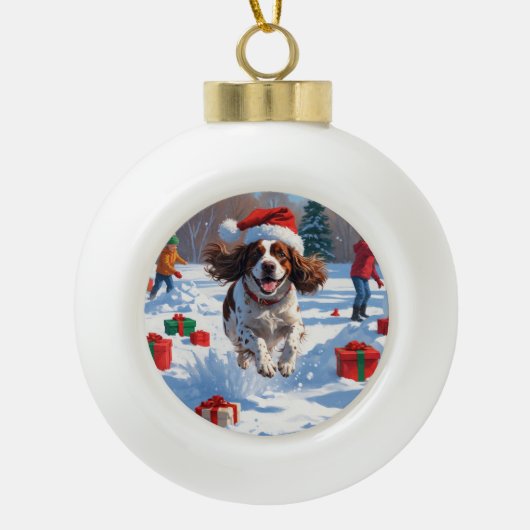 Brittany Spaniel Kerstfeest Sneeuwscène Keramische Bal Ornament (Voorkant)