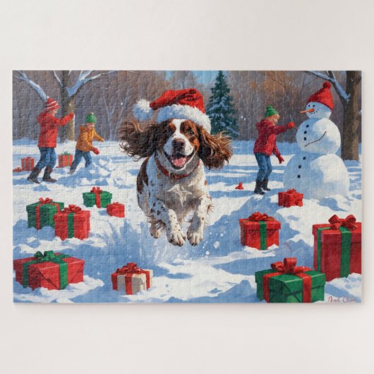 Brittany Spaniel Kerstfeest Sneeuwscène Legpuzzel (Horizontaal)