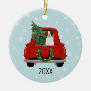Brittany Spaniel kerstrood vrachtwagen Keramisch Ornament