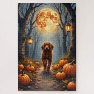 Brittany Spaniel Maanverlichte Bos Halloween Kunst Legpuzzel