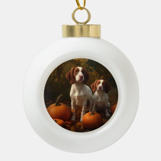 Brittany Spaniel Puppy Herfst Delight Pompoen Keramische Bal Ornament (Voorkant)
