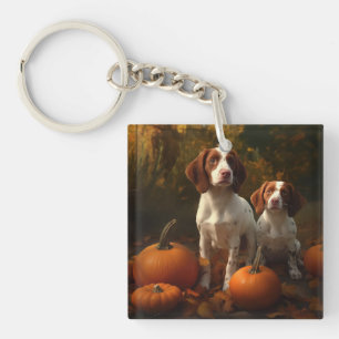 Brittany Spaniel Puppy Herfst Plezier Pompoen Sleutelhanger