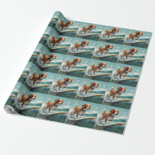 Brittany Spaniel Strand Surfing Schilderij Cadeaupapier