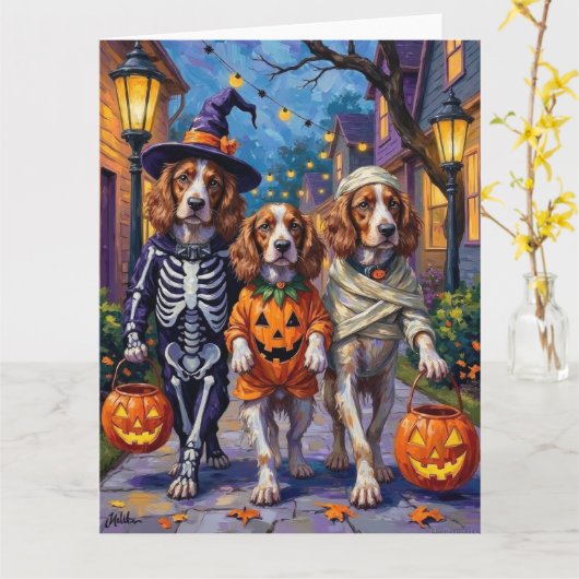Brittany Spaniel Trick-or-Treating in Halloween Kaart (Gele Bloem)