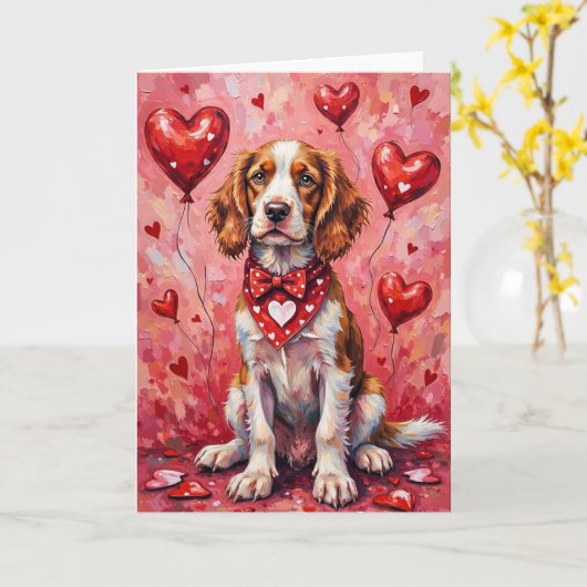 Brittany Spaniel Valentijnsdag Hond met Harten Kaart (Gele Bloem)