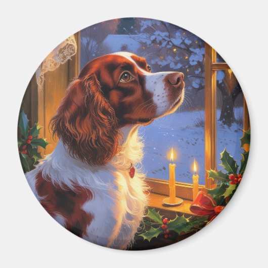 Brittany Spaniel with Christmas Lights Holiday Magneet (Voorkant)