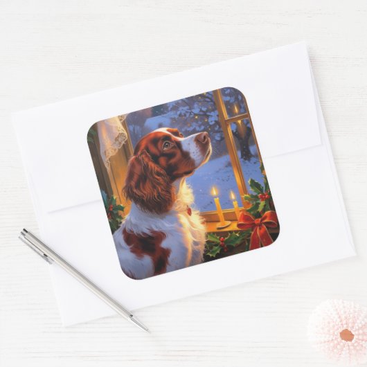 Brittany Spaniel with Christmas Lights Holiday Vierkante Sticker (Envelop)