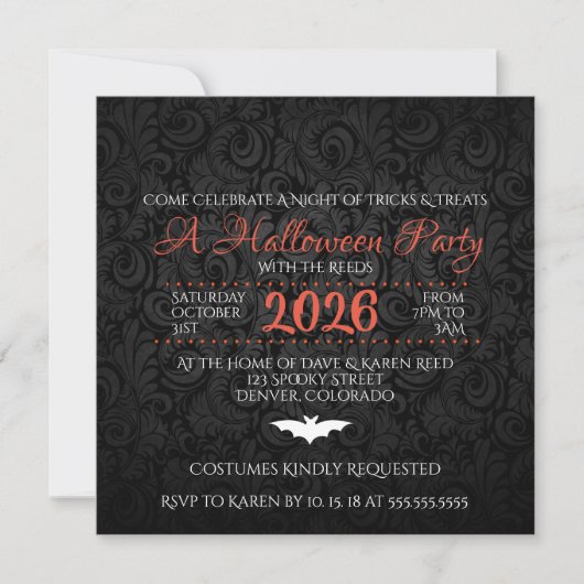 Brocade Bats Halloween Party Invitation Kaart (Voorkant)
