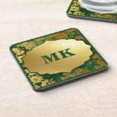  Brocade Green & Gold Leaf Monogramed Bier Onderzetter (Linkerzijde)