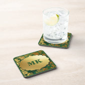  Brocade Green & Gold Leaf Monogramed Bier Onderzetter (Rechterzijde)