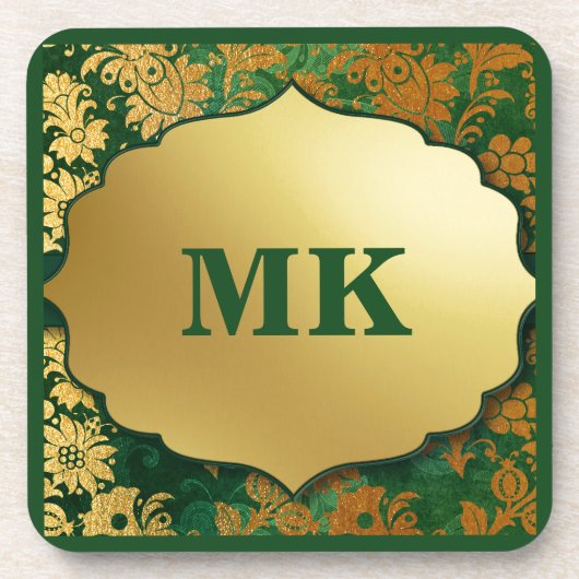  Brocade Green & Gold Leaf Monogramed Bier Onderzetter (Voorkant)