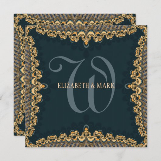 Brocade Monogram Blauwgroen en gouden bruiloft Kaart (Voorkant / Achterkant)