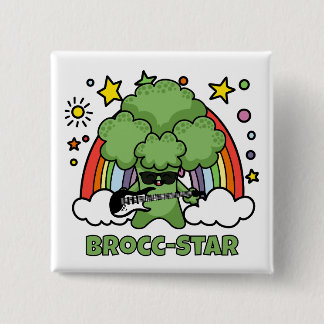 Broccoli die gitaar speelt, Brocc Ster en Regenbog Vierkante Button 5,1 Cm
